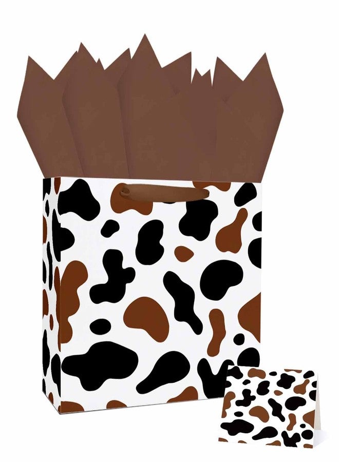 MUNILAIL 13 Inches Brown Cow Print Gift Bag with Tissue Paper Handle and Greeting Card Large Paper Gift Bag for Boys Girls Birthday Party Baby Shower Cow Print Party Supplies - Image 1